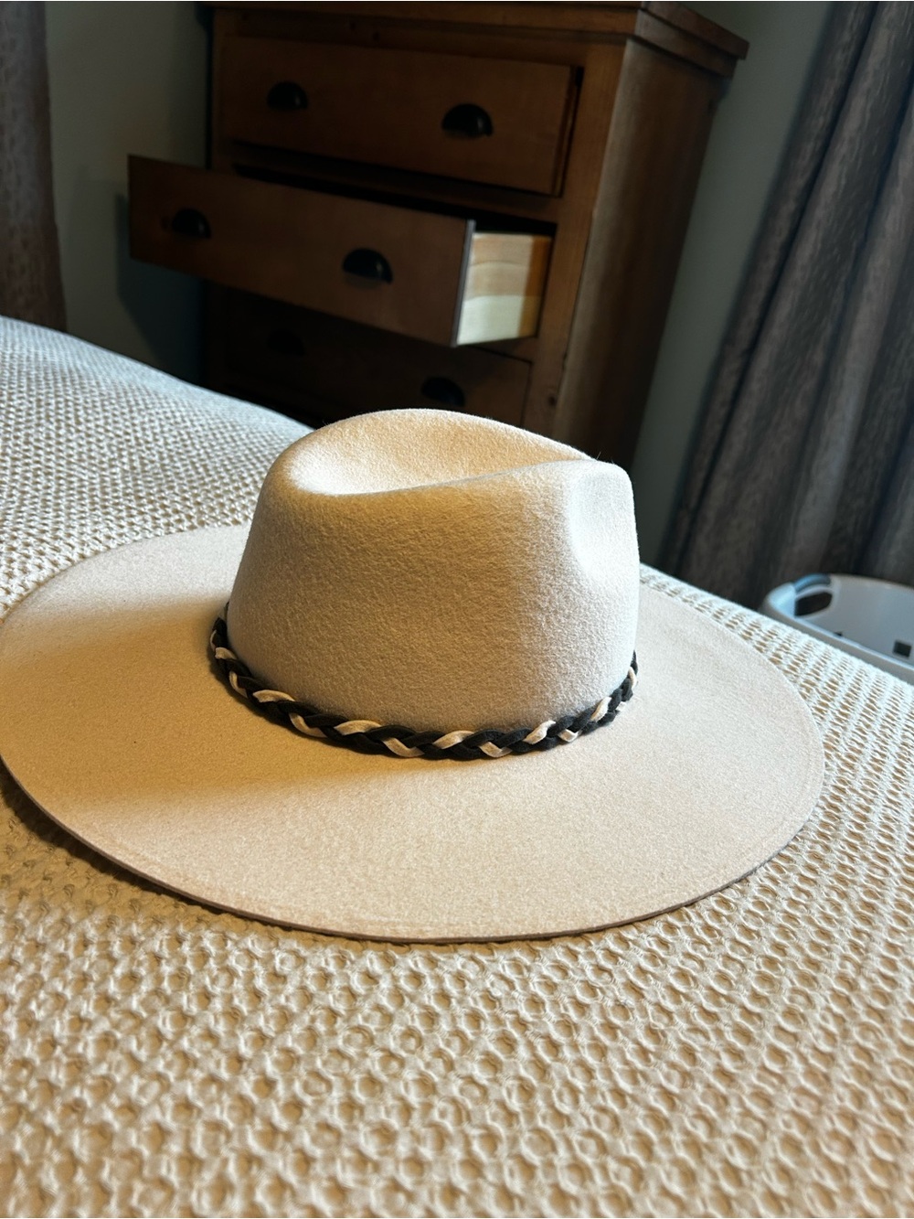 Kittenish Cream Wide-Brim Fedora with Braided Black & Cream Band